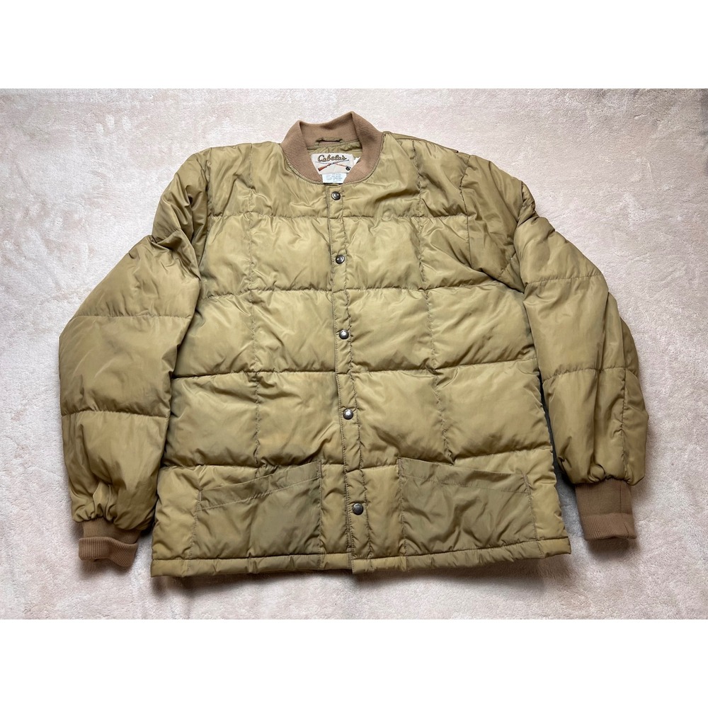 Cabela's Goose Down Puffer Jacket Men Large Tan Vintage Quilted Liner Snap Front